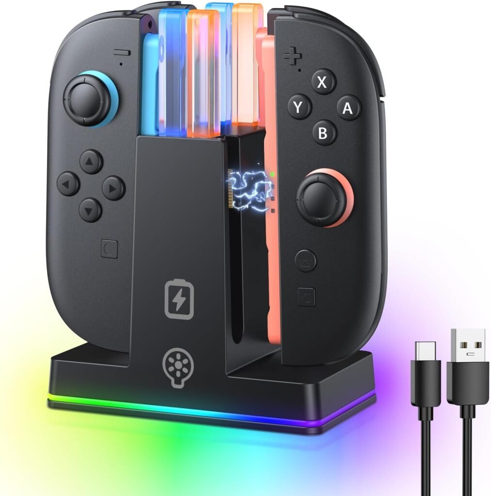 KINWIN Charging Dock Compatible with Nintendo Switch 2 for Joy Con 2025 with 9 Modes RGB Light and Led Indication, Magnetic Charging Dock to Charge 4 Joypads with Charger Cable