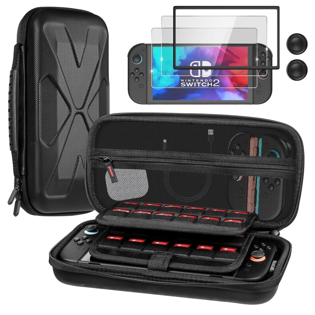 SPOVEN for Nintendo Switch 2 Case Black (2025), Portable Large Capacity Carrying Protective Hard Shell Travel Case, 4 in 1 Accessories Bundle with 2 Screen Protectors, 2 Thumb Grip Caps & Installation Tray
