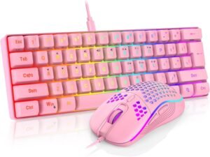 RedThunder Pink RGB Keyboard and mouse RedThunder 60% Gaming Keyboard and Mouse Combo, Ultra-Compact 61 Keys RGB Backlit Mini Keyboard, Lightweight 7200 DPI Honeycomb Optical Mouse, RGB Wired Gaming Set for PC MAC PS5 Xbox Gamer(Pink)
