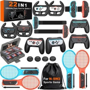 Larstylee 22 in 1 Switch 2 Sports Accessories Bundle Pack for Nintendo Switch 2, Switch 2 Sports Games Family Party Kit with Carry Bag & 24 Game Card Case