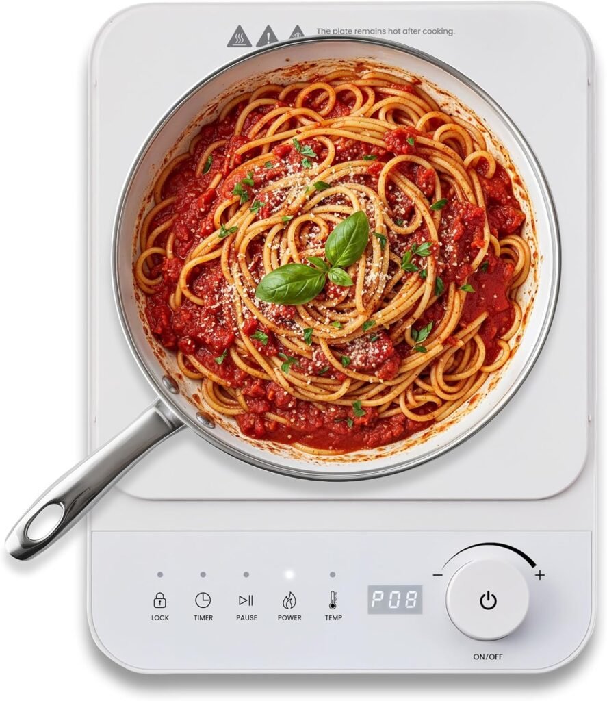 Elite Gourmet EIND57W SlimStore™ Induction Cooktop, Touch Controls, Ultra Thin 2" Profile, 10 Power Levels, Temps 140°F to 465°F, Fast Heat Up, White