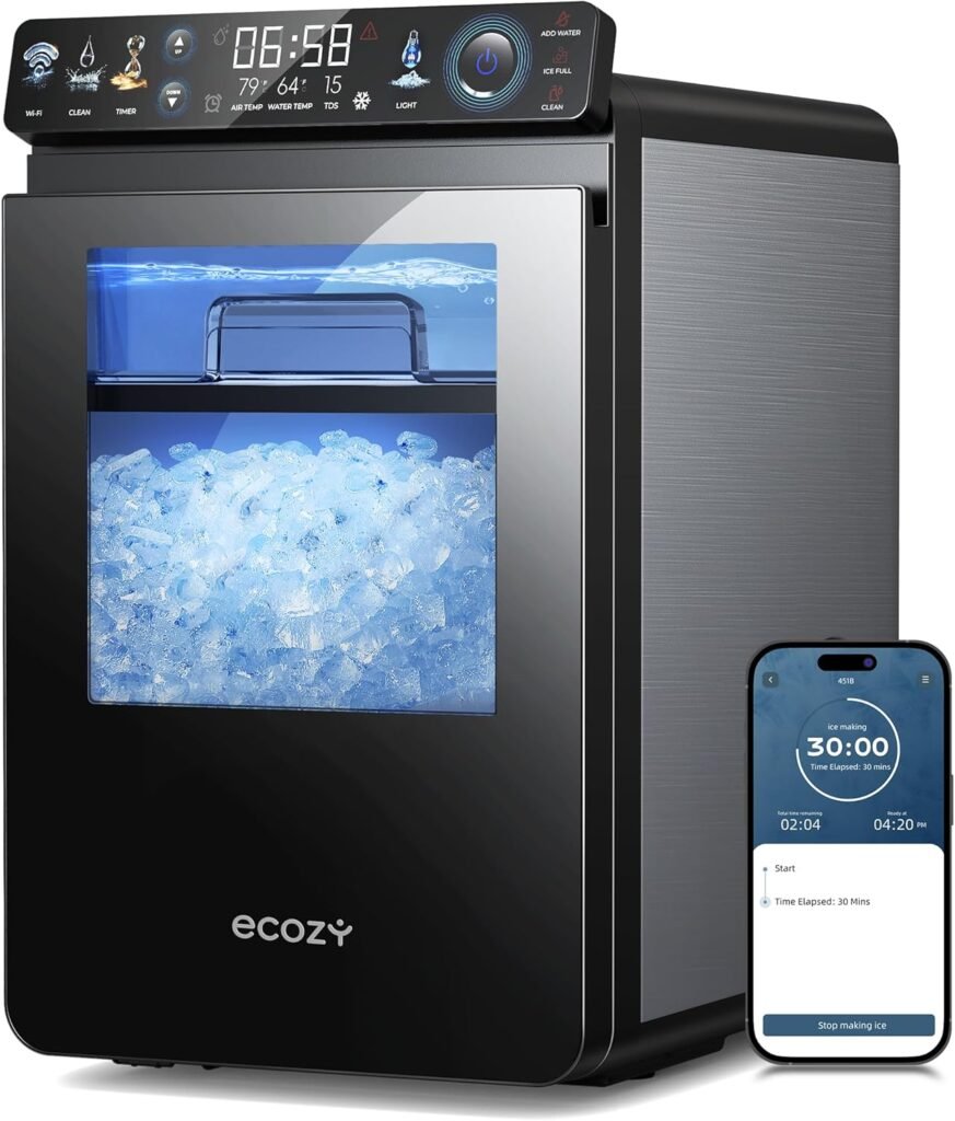 ecozy Nugget Ice Maker Countertop, Smart Pebble Ice Machine with APP Control, 44 lbs Per Day Soft Pellet Chewable Ice with Self-Cleaning, Stainless Steel
