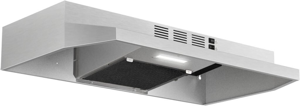 Range Hood 30 inch Under Cabinet, Stainless Steel Kitchen Vent Hood 280CFM, Built-in Kitchen Stove Hood w/Rocker Button Control, Ducted/Ductless Convertible Duct, 2 Speeds Fan, Bright LED Light