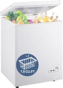 Quiet 7.0 Cu Ft Chest Freezer with Adjustable Thermostat 7.0 Cu Ft Chest Freezer - Energy Efficient & Quiet Mini Freezer with Adjustable Thermostat - Compact Deep Freezer for Home, Apartment, and Garage - Removable Basket & Defrost Drain