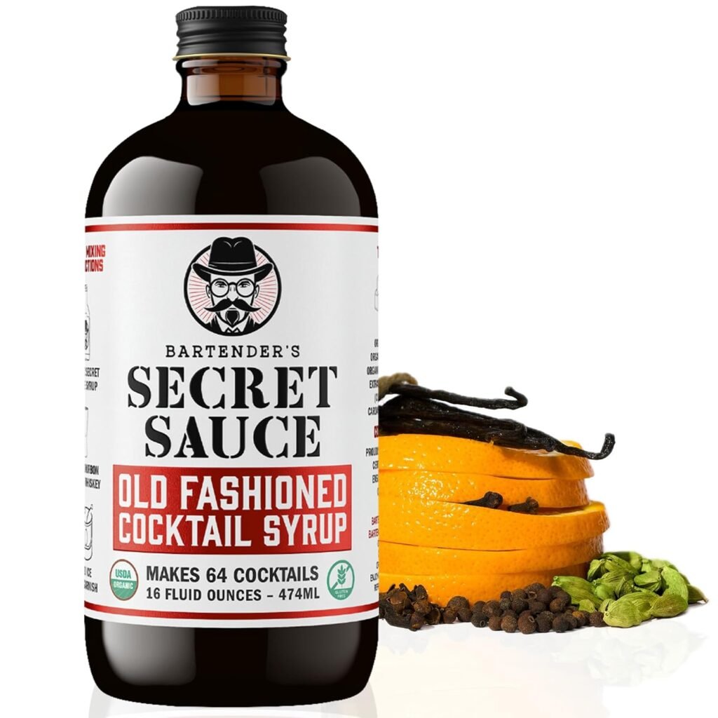 Bartender’s Secret Sauce USDA Organic Old Fashioned Mix – Handcrafted Old Fashioned Syrup with Bitters, Orange Peel & Tart Cherry – Gluten-Free – Makes 64 Cocktails (16oz, 1-Pack) – Just Add Bourbon or Rye
