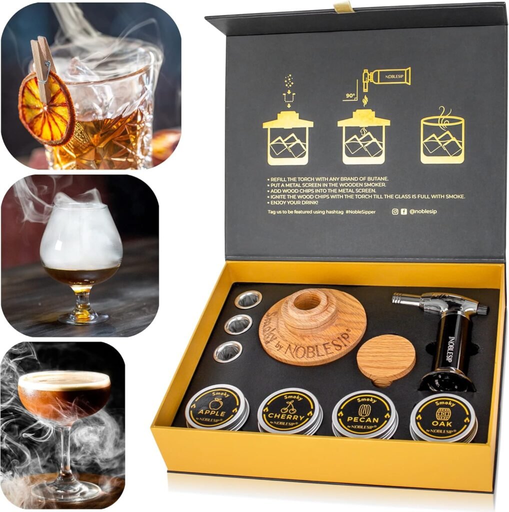 NOBLESIP® Whiskey Bourbon Smoker Kit Premium Smoky bar Set. Made from Natural American Oak Wood. Easily Make The Legendary Smoked Cocktails and Old fashioneds at Home. New Year Home bar Gift!