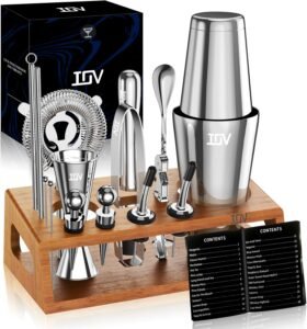 IOV Mixology Bartender Kit Bar Set with Stand | 17-Piece Cocktail Shaker Set | 28oz Boston Shaker Drink Mixer Set with All Essential Accessory Tools | Fun Housewarming Gift (Silver)