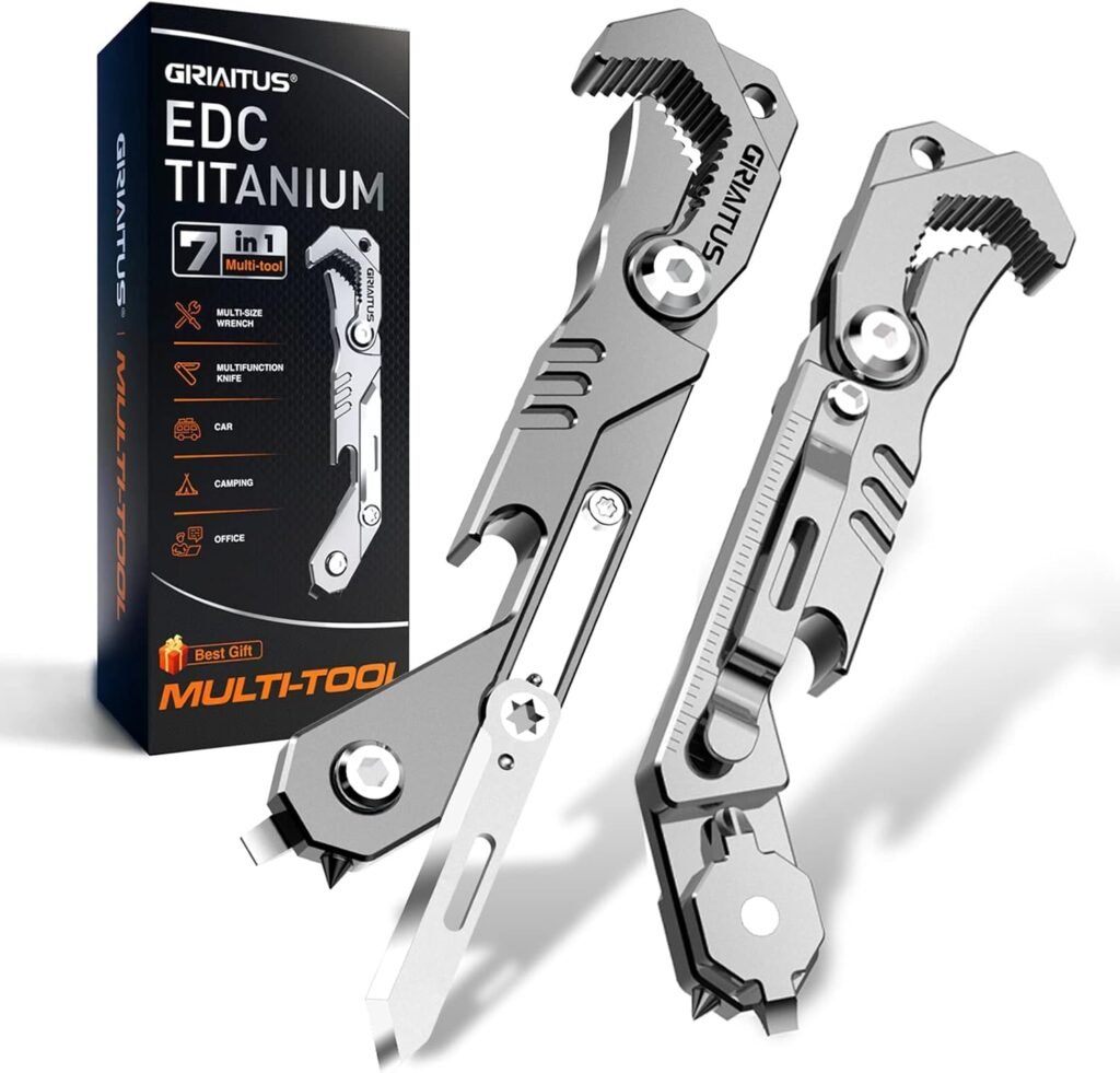 EDC Multitool 7 in 1 with knife, Wrench, Folding Knife, Screwdriver, Bottle Opene, Ruler, Urgent Car Window Breaker and Seatbelt Cutter, EDC Pocket Multi Tool for Gifts for Men (Bright silver)