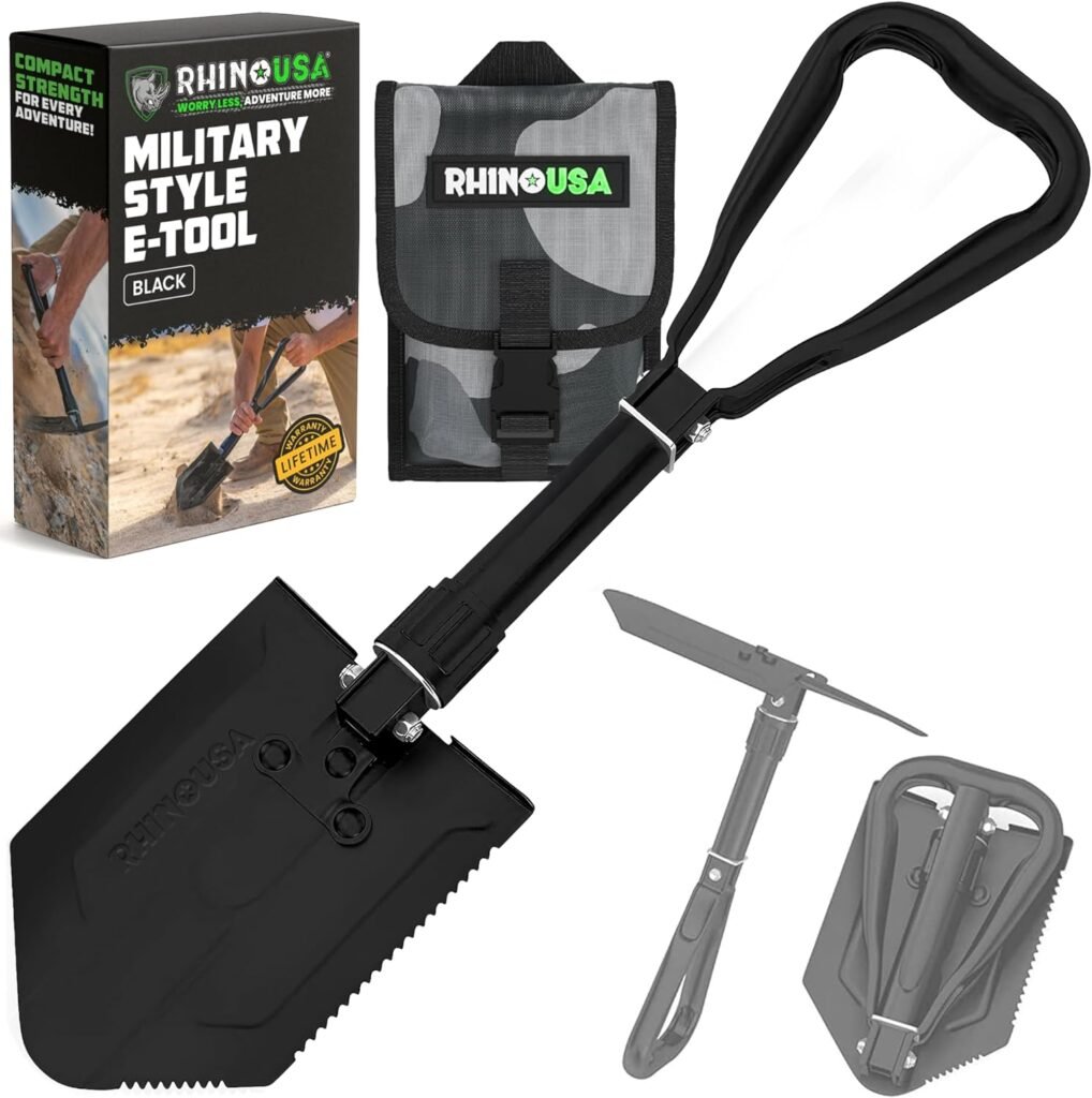 RHINO USA Folding Survival Shovel w/Pick - Heavy Duty Carbon Steel Military Style Entrenching Tool for Off Road, Camping, Gardening, Beach, Digging Dirt, Sand, Mud & Snow.