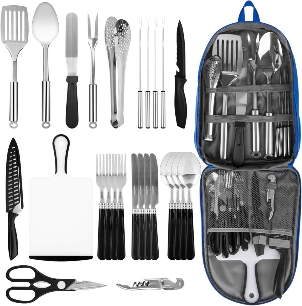Portable Camping Kitchen Utensil Set, 27-Piece Stainless Steel Outdoor Cooking and Grilling Utensil Organizer, Perfect for Travel, Picnics, RVs, BBQs, Parties, Potlucks and more