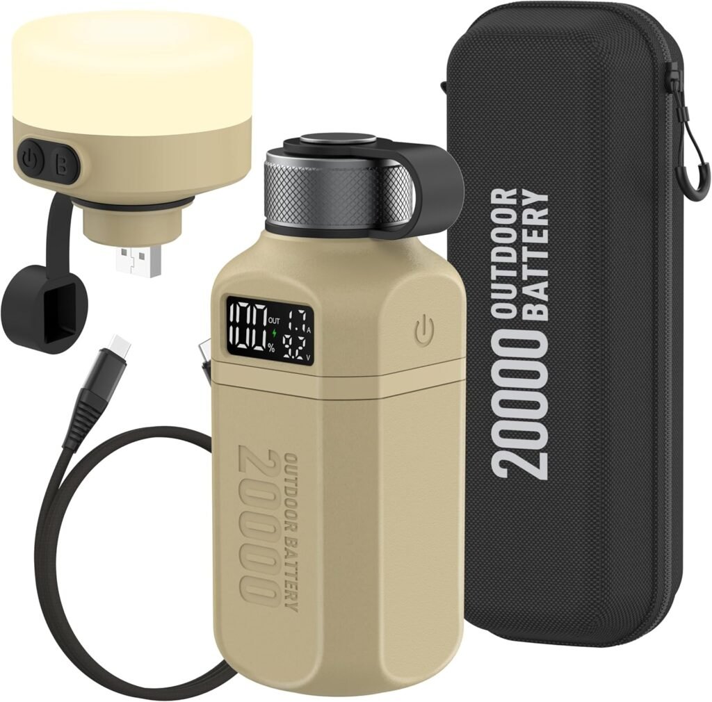 aswayke 20,000mAh Rugged Power Bank with Fast Charge USB-C PD, IP68 Waterproof Shockproof, Includes 420lm Bright Camping Lantern, Tactical Outdoor Charger for Hiking Camping Survival Emergency (Brown)