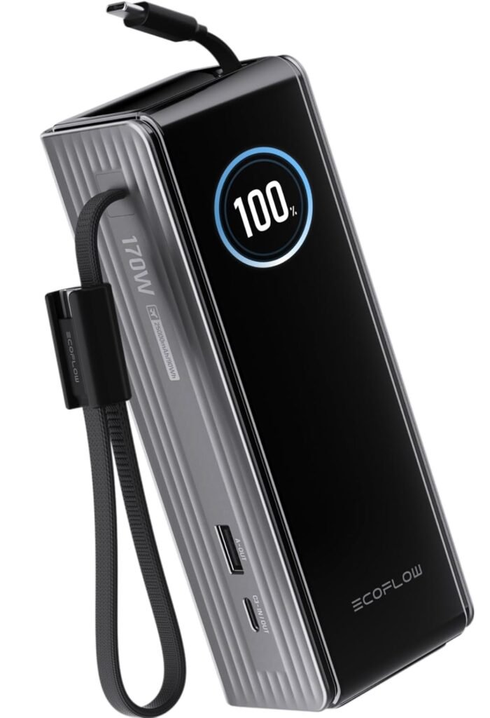 EF ECOFLOW Rapid Power Bank, 25,000mAh, 170W, 100W Built-in and Retractable Cables, Portable Charger with Triple 100W USB-C Port, Compatible with iPhone 17/16/15/14, Samsung, Laptop and More, Silver