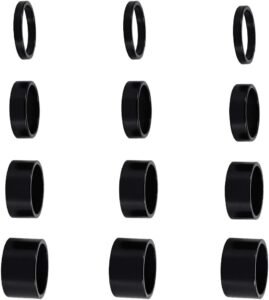 12pcs 1-1/8" Bike Stem Spacers Set (Black) 12 PCS Bicycle Headset Spacer Bike Handlebar Stem Spacers Threadless Aluminum Alloy Headset Stem Spacer Set Fit 1 1/8-Inch Stem For MTB BMX Mountain Road Bikes Cycling 2MM 3MM 5MM 10MM(Black)