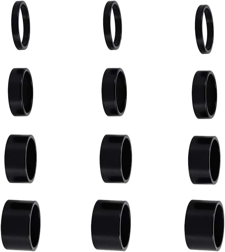 12 PCS Bicycle Headset Spacer Bike Handlebar Stem Spacers Threadless Aluminum Alloy Headset Stem Spacer Set Fit 1 1/8-Inch Stem For MTB BMX Mountain Road Bikes Cycling 2MM 3MM 5MM 10MM(Black)