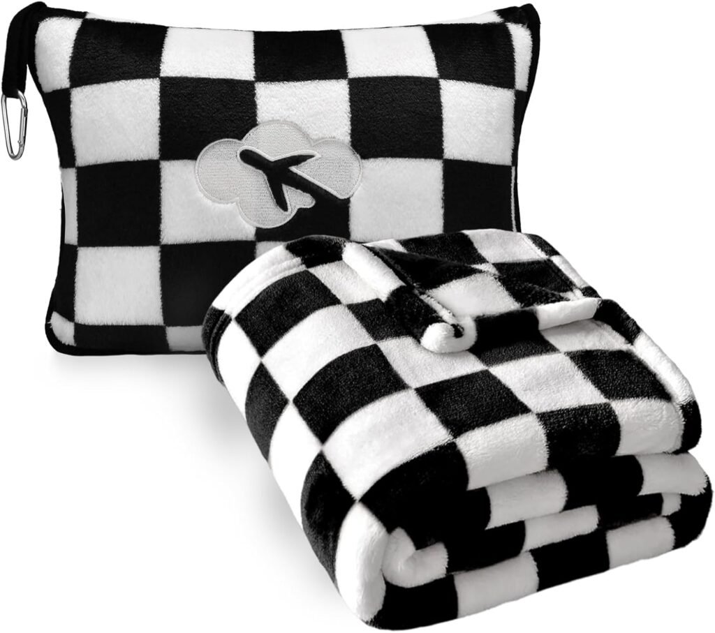 Travel Blanket and Pillow Compact, Premium Soft 2 in 1 Airplane Blanket with Soft Bag Pillowcase，Hand Luggage Sleeve and Backpack Clip (Checkered Black)
