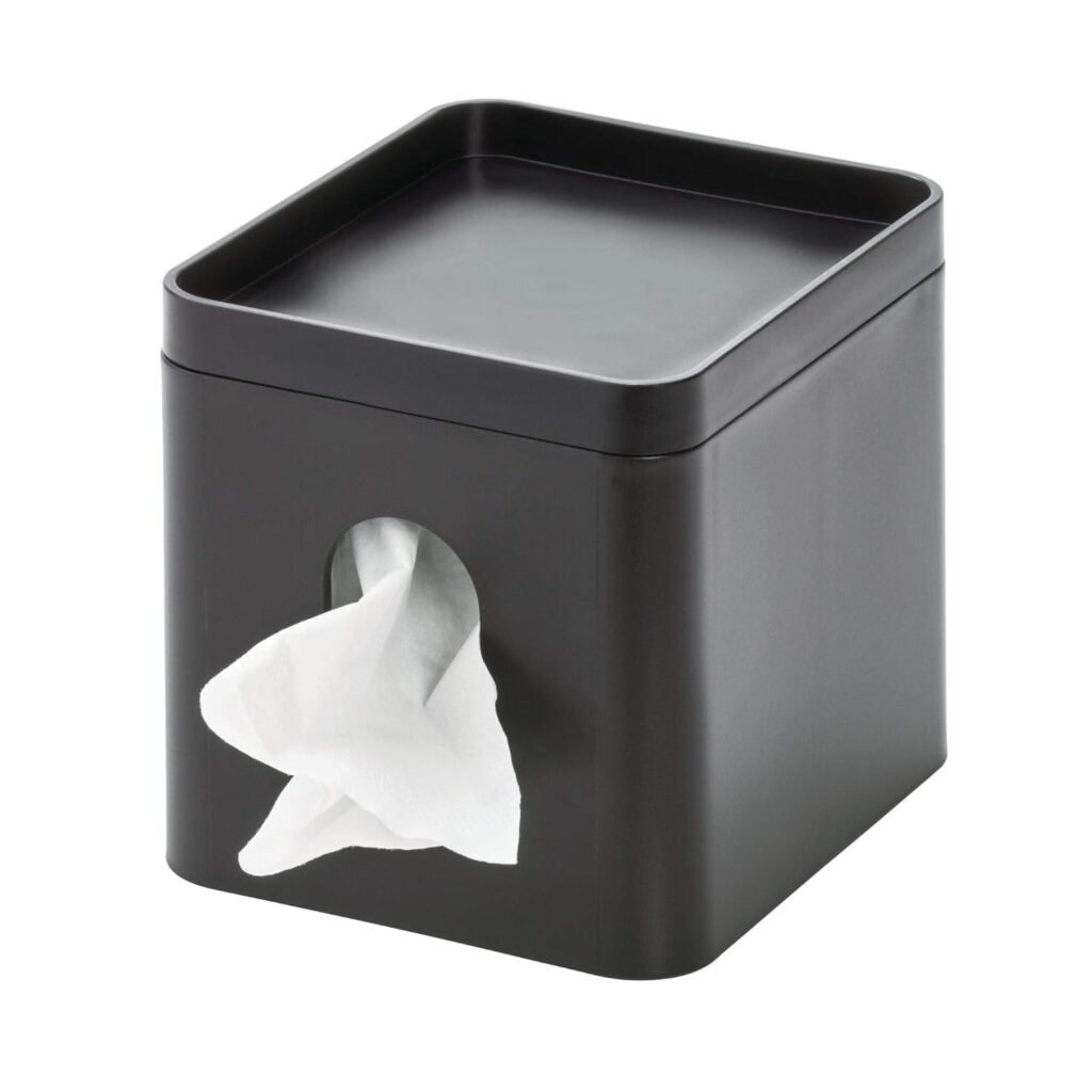 iDesign Facial Tissue Box Cover with Storage Tray, The Cade Collection – 6.1" x 5.15" x 5.4", Matte Black