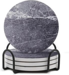 LIFVER Ceramic Coasters (Set of 4) with Holder - Grey LIFVER Drinks Coasters Set of 4, Living Room Decor, Ceramic Absorbent Coasters with Cork Base, Protect Wooden Table or Furniture from Scratched, Drink Coasters with Holder - Grey