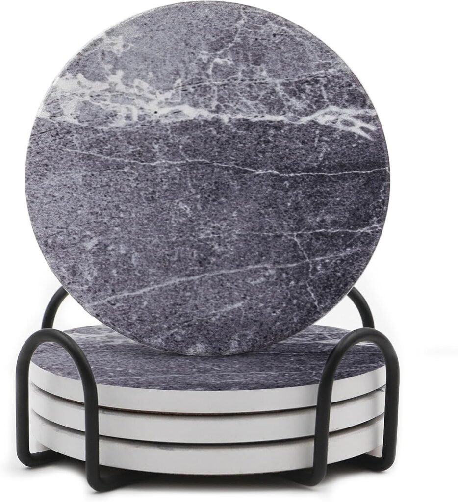 LIFVER Drinks Coasters Set of 4, Living Room Decor, Ceramic Absorbent Coasters with Cork Base, Protect Wooden Table or Furniture from Scratched, Drink Coasters with Holder - Grey