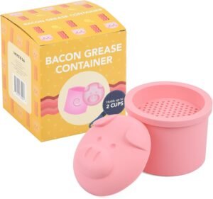 IMPRESA Pig-Shaped Grease Container - Bacon Drip Saver & Built-In Strainer - Heat-Resistant Silicone Keeper - Freezer-Safe Pink Pig Bacon Grease Container - 2-Cup, Dishwasher-Safe