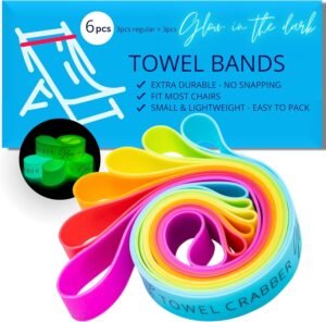 6-Pack Towel Bands: No-Slip Beach & Cruise Chair Straps Towel Bands (6-Pack), Beach Pool & Cruise Chairs, Extra Durable, No Snapping, Cruise Ship & Beach Essentials, Great Alternative to Beach Towel Clips (3 Regular + 3 Glow in The Dark