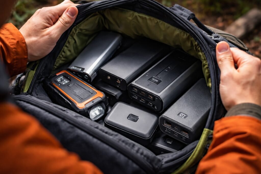 Two hands opening a backpack to reveal several large portable power banks and a rugged flashlight packed inside.