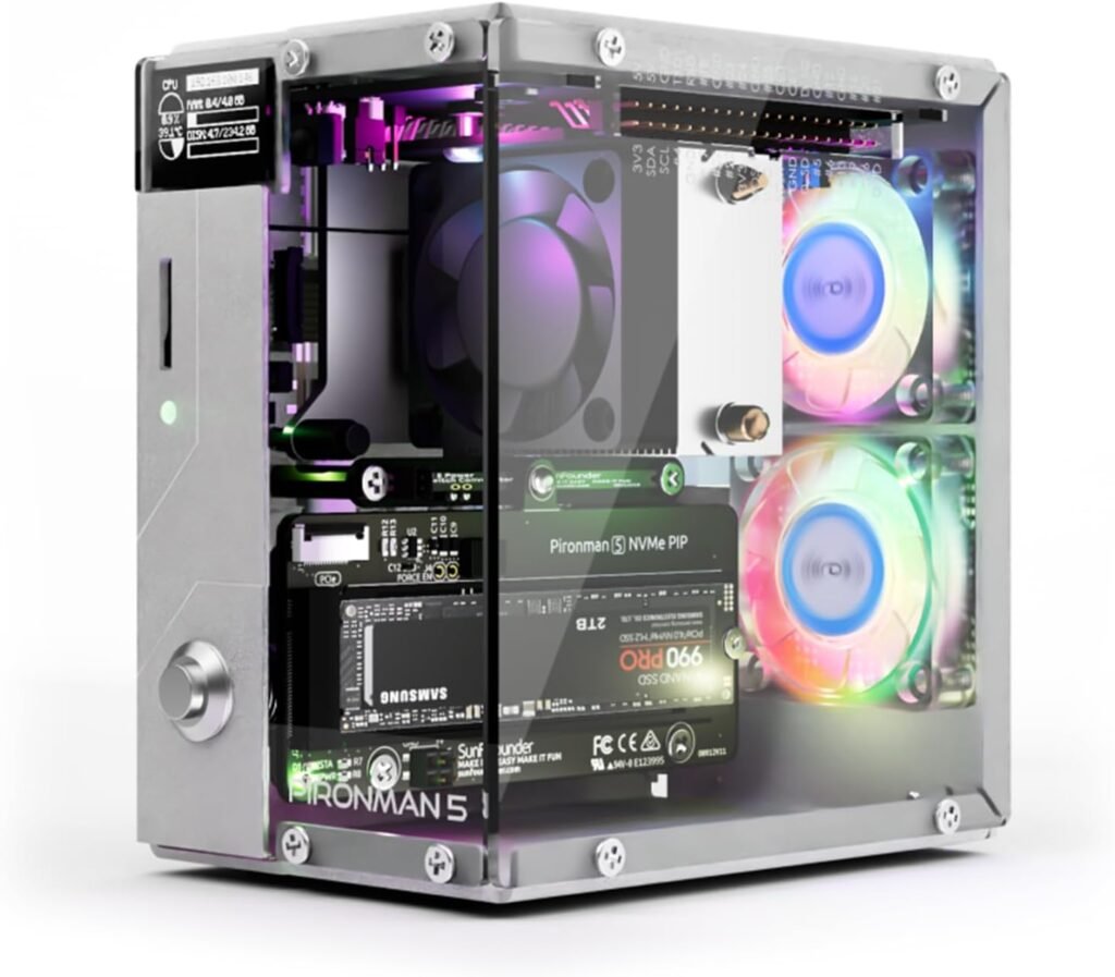 Pironman 5 NVMe M.2 SSD PCIe 2.0/3.0 Mini PC Case for Raspberry Pi 5 Hailo-8L AI Accelerator with Tower Cooler+Dual RGB Fans, 0.96'' OLED Module, Safe Shutdown, Standard HDMI, RGB Effect