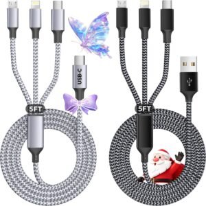 Multi Charging Cable (5FT 2Pack), 3 in 1 Charging Cable, USB A/C Charging Cords, Nylon Braided Chargers for Multiple Devices with Type C, Micro USB, IP Port for iPhone16/15 Series/Cell Phones and More