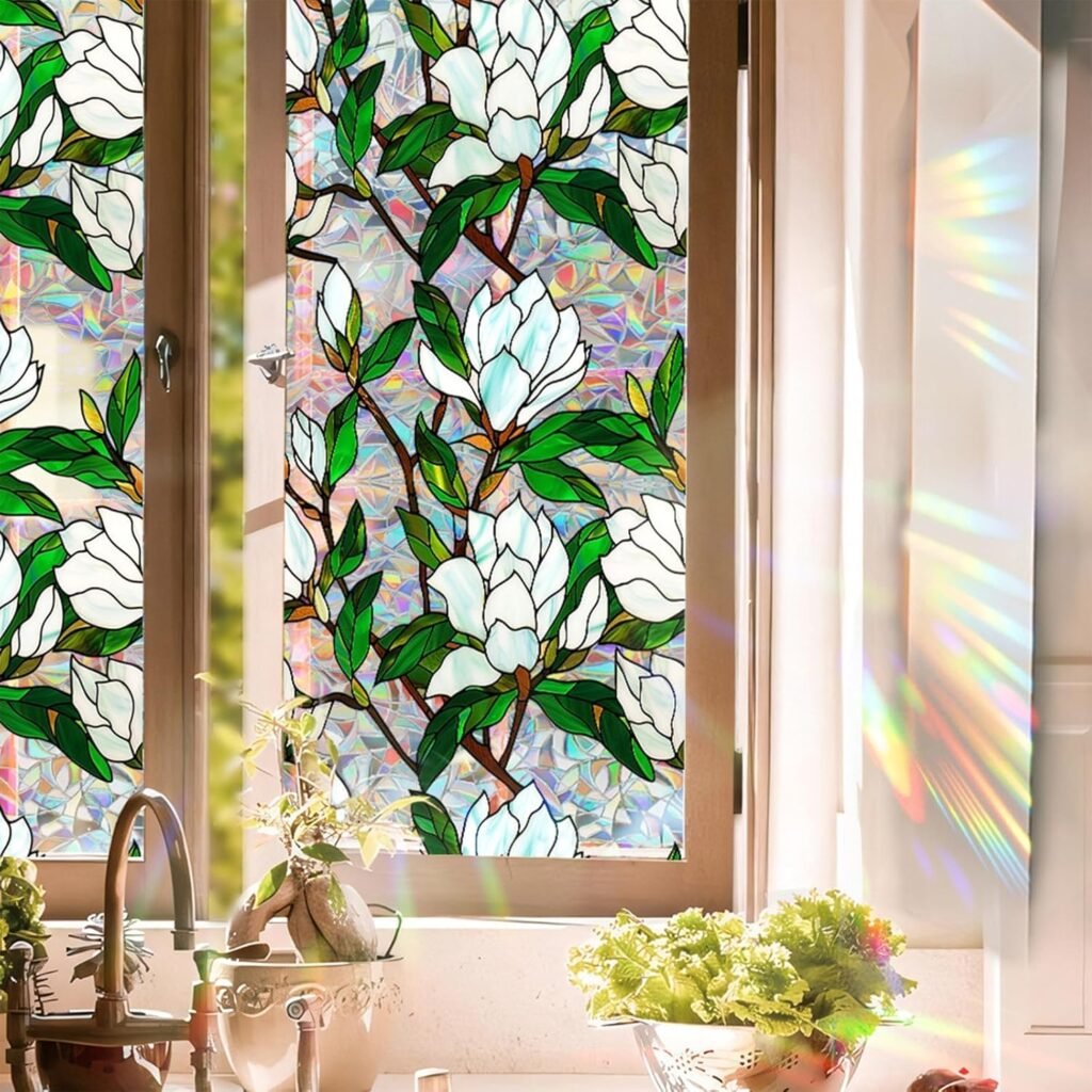 Aomkmi Stained Glass Window Film UV Resistant Window Privacy Film White Floral Privacy Rainbow Decals Living Room Bedroom Sun Blocking Decor Removable Static Cling Stickers 17 x 78.74 Inch