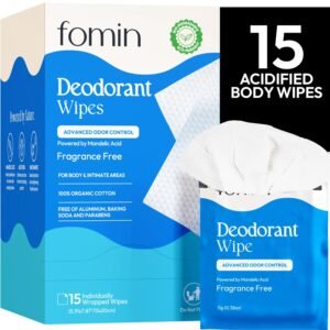 Plastic-Free Deodorant Wipes, pH-Balanced, Unscented (15) FOMIN Acidified Travel Deodorant Wipes For Women & Men - 15 Count - Fragrance Free - pH Balanced, Mini Deodorant Travel Size - Plastic-Free, Individually Wrapped Underarm Body Wipes