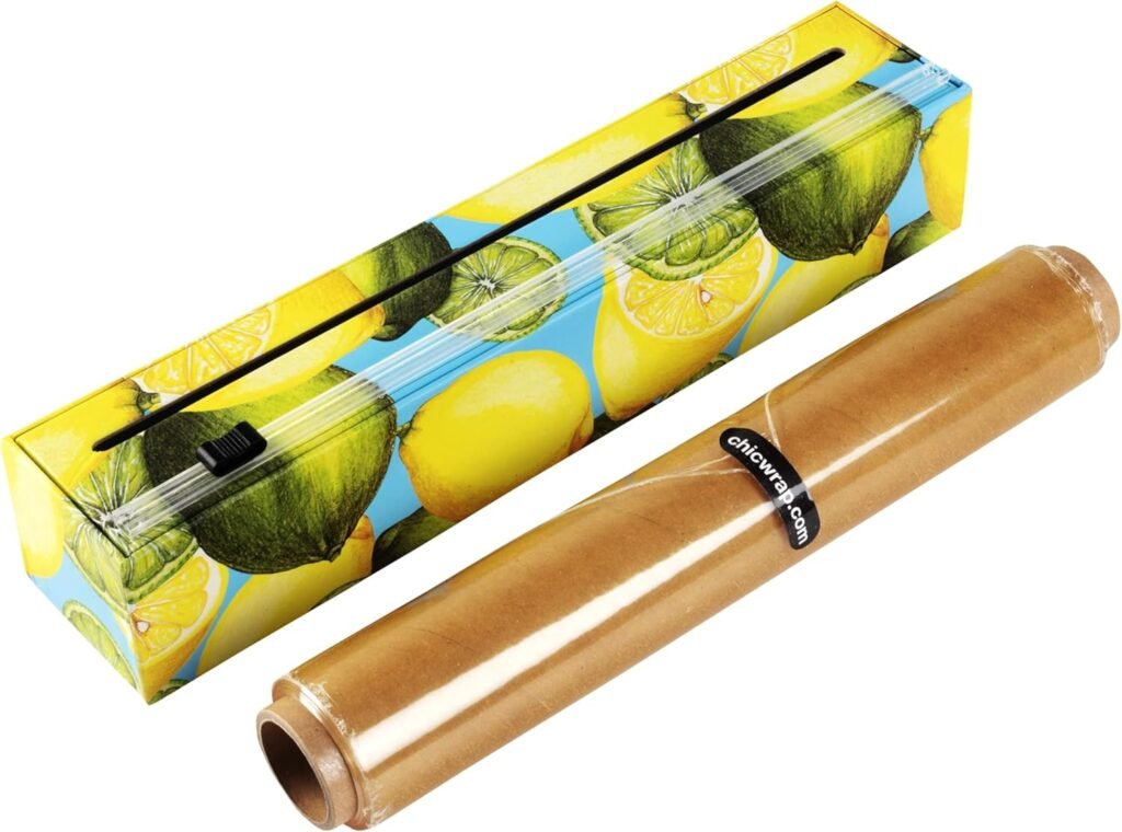 Chicwrap Lemon Refillable Plastic Wrap Dispenser - Includes One 12" x 250' Roll of Professional Grade Plastic Wrap - BPA Free and Kosher Certified - Reusable Dispenser w/Slide Cutter