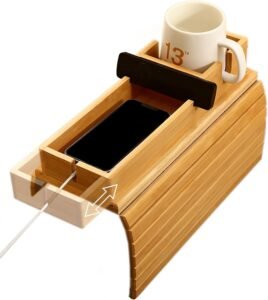 2-in-1 Bamboo Couch Tray with Detachable Cup Holder Bamboo Couch Arm Tray with Detachable Cup Holder, 2 in 1 Foldable Anti-Falling Design for Cups, Snacks, Remote, Cellphone