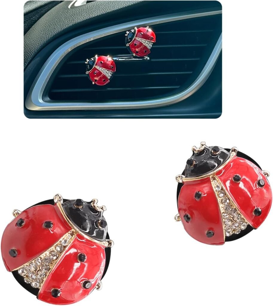 Ladybug Car Decor,2pcs Bling Lady Bug Air Vent Clips Car Air Freshener,Cute Red Car Accessories Gift for Women,Refillable Rhinestone Aroma Diffuser