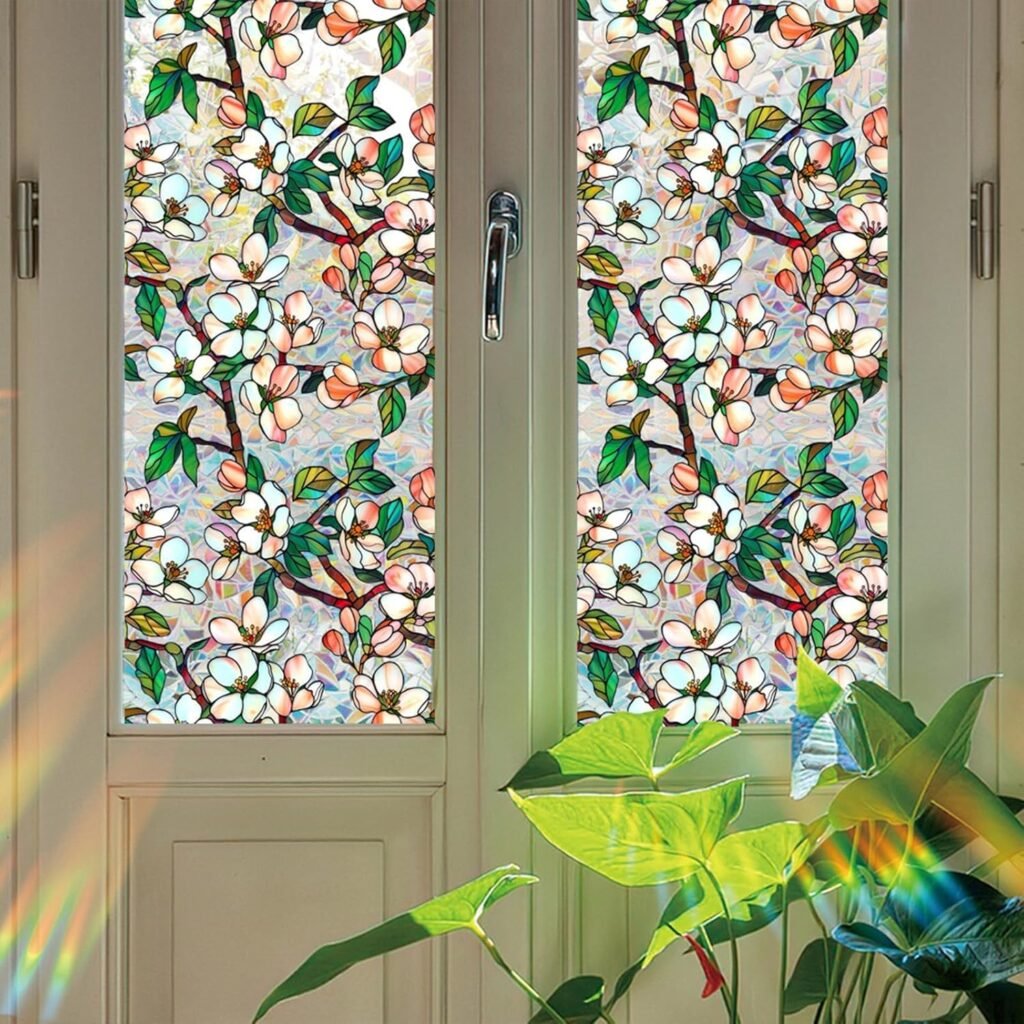 Aomkmi Stained Glass Window Film UV Resistant Window Privacy Film Petal Privacy Rainbow Decals Living Room Bedroom Sun Blocking Decor Removable Static Cling Stickers 17 x 78.74 Inch