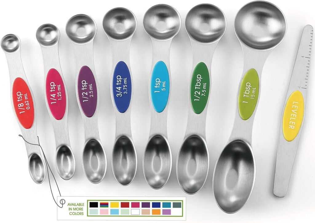 Spring Chef Stainless Steel Magnetic Measuring Spoons Set with Strong Magnets, Heavy Duty Metal Kitchen Essentials - Fits in Most Kitchen Spice Jars, Multicolor, Set of 8 with Leveler