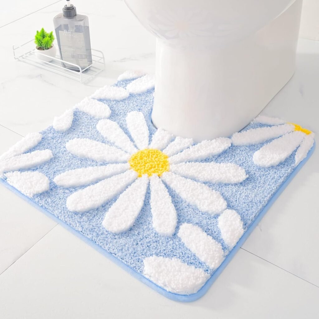 QJHOMO Blue Toilet Rugs U Shaped, Toilet Mat Cute Daisy Contour Bath Rug, Extra Thick Soft Machine Washable Toilet Carpet, Super Absorbent Microfiber Bathroom Floor Mats (20x20 inch)
