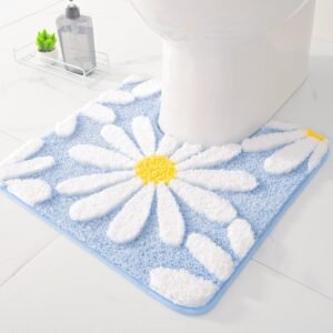 QJHOMO Blue Toilet Rugs U Shaped, Toilet Mat Cute Daisy Contour Bath Rug, Extra Thick Soft Machine Washable Toilet Carpet, Super Absorbent Microfiber Bathroom Floor Mats (20x20 inch)