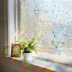 Windimiley Rainbow Window Privacy Film, 3D Stained Glass Christmas Decorative Window Clings, UV Heat Blocking Holographic Prism Stickers for Home(11.8 x 78.7In,Pure)