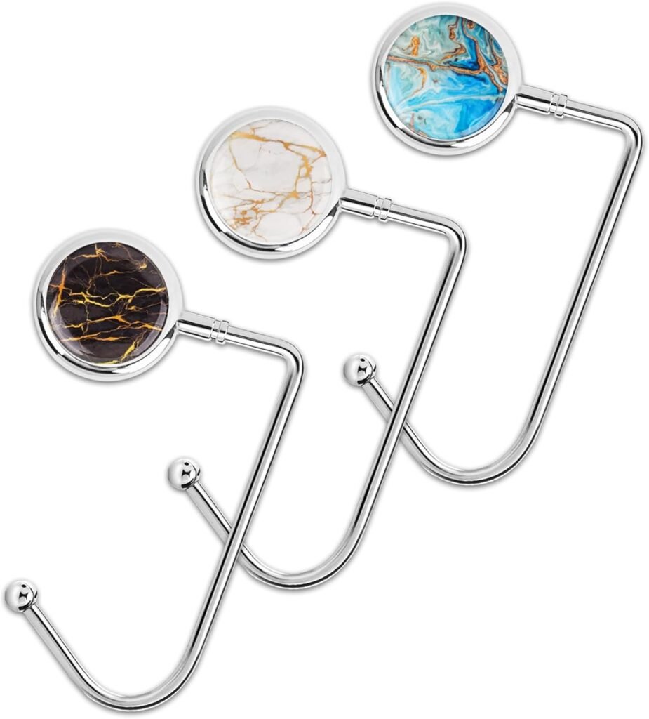 Purse Hook Set of 3 - Hanger Table Hanger Holder Womens Bag Storage (long3-Marble)