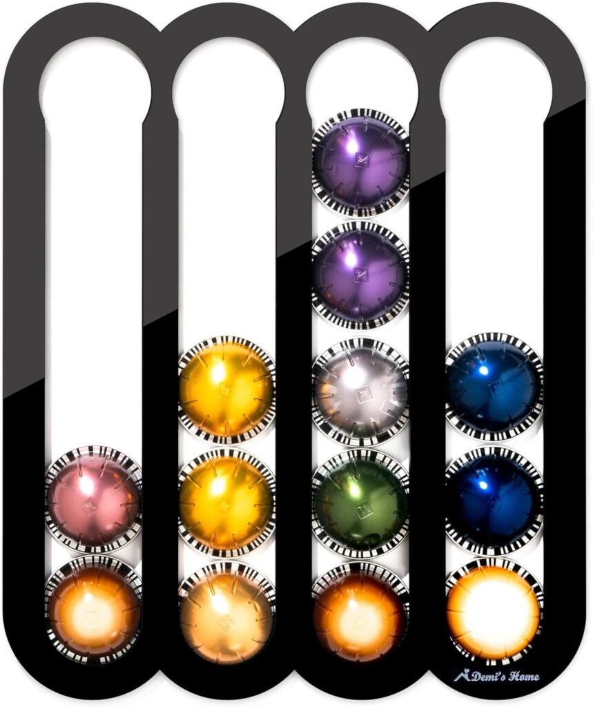 Demi's Home Adhesive Coffee Pod Holder for Nespresso Vertuo Capsules (Measure Before Purchase) - Suitable to be Mounted Inside/Under the Cabinet or on the Wall (Black)