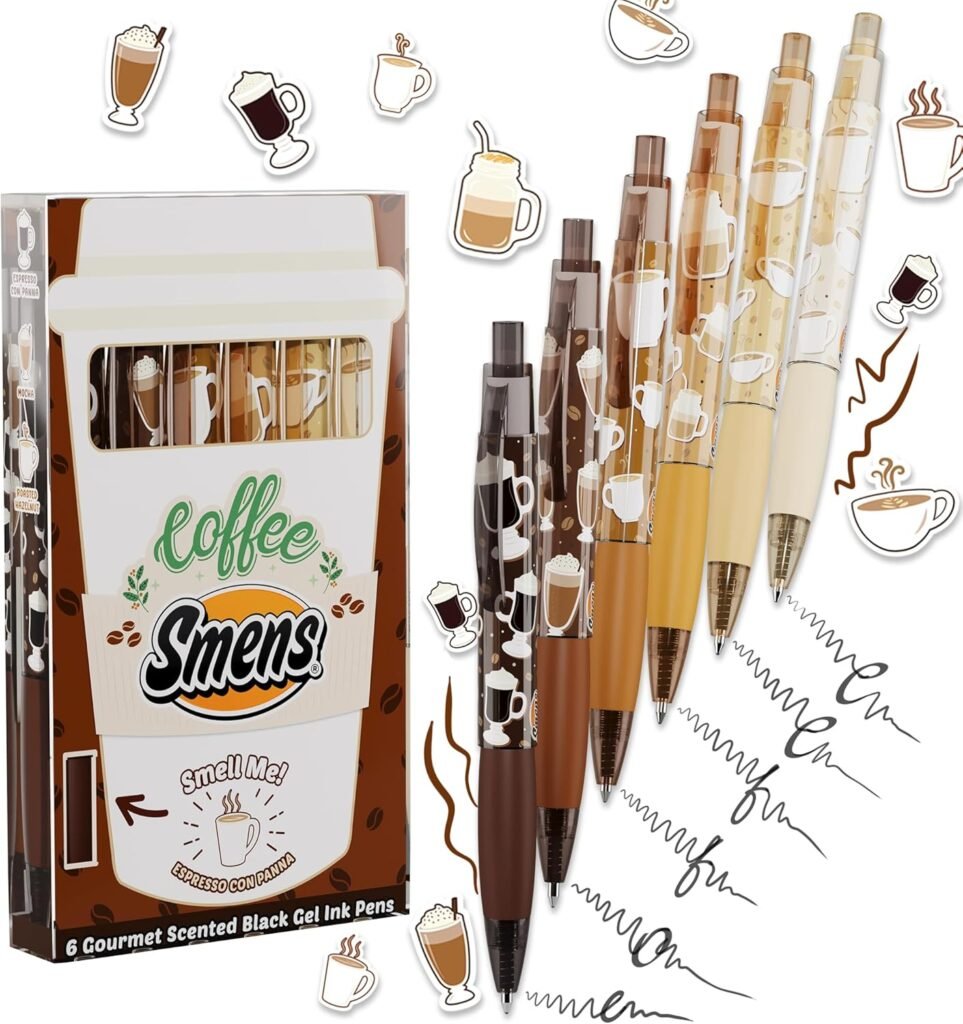 Scentco Coffee Smens - Gourmet Coffee-Scented Gel Pens, Black Ink, Medium Point, 6Pack Variety Set