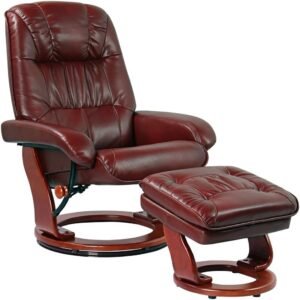 Benchmaster Kyle Ruby Red Swivel Faux Leather with Ottoman Recliner Chair Modern Armchair Ergonomic Push Manual Reclining Footrest Upholstered for Bedroom Living Room Reading Home Relax Office