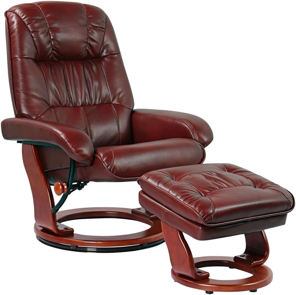 Benchmaster Kyle Ruby Red Swivel Faux Leather with Ottoman Recliner Chair Modern Armchair Ergonomic Push Manual Reclining Footrest Upholstered for Bedroom Living Room Reading Home Relax Office