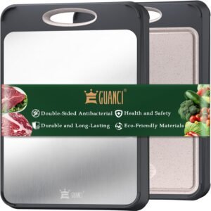 GUANCI Cutting Board for Kitchen, Stainless Steel Cutting Board Double Sided for Chopping Meat/Vegetables, Stainless Steel/Wheat Straw PP, Kitchen Gifts Easy to Clean Large 16”×11”