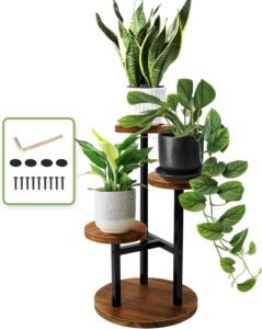 AUGOSTA 3 Tier Plant Stand, Tall Metal Wood Shelf Holder for Indoor, Outdoor Display Rack Flower Pot Stand for Corner Living Room Balcony Garden Patio