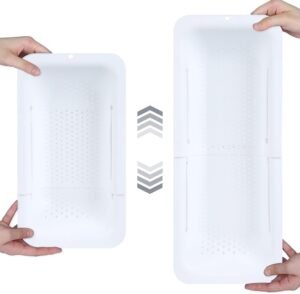 BLUE GINKGO Over the Sink Colander Strainer Basket - Wash Vegetables and Fruits, Drain Cooked Pasta and Dry Dishes - Extendable - New Home Kitchen Essentials (7.9 W x 14.5-19.5 L x 2.75 H) - White