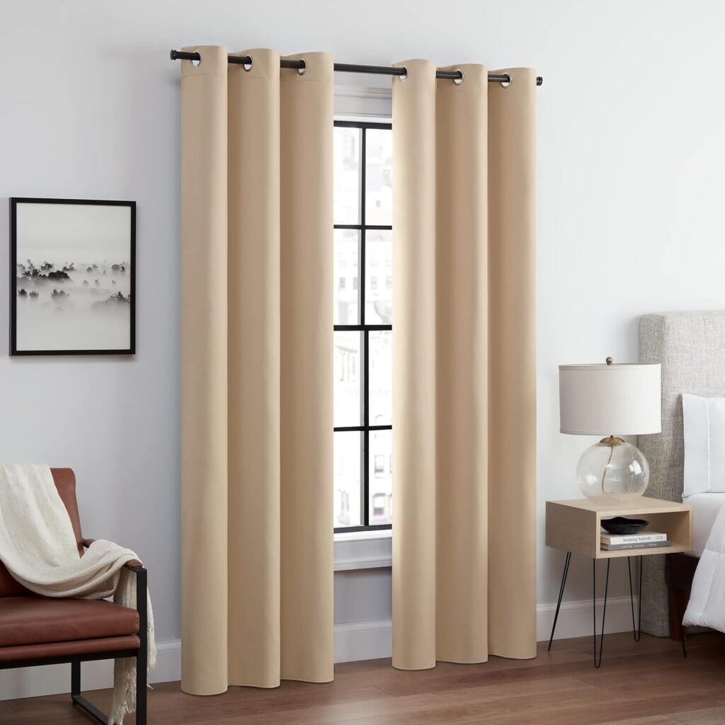 ECLIPSE Andover Solid Tripleweave Thermal Blackout Grommet Curtains for Bedroom (2 Panels), 42 in x 84 in, Beige