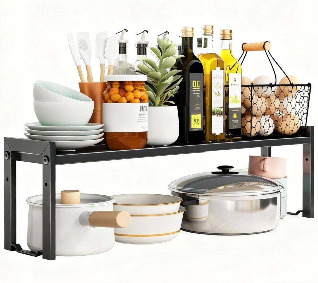 Urhomey plus Expandable Cabinet Shelf Organizer 16-26" L Stackable Kitchen Counter Shelf Rack Sink Riser Countertop Storage Black (Normal 7.9”D)