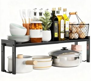 Urhomey plus Expandable Cabinet Shelf Organizer 16-26" L Stackable Kitchen Counter Shelf Rack Sink Riser Countertop Storage Black (Normal 7.9”D)