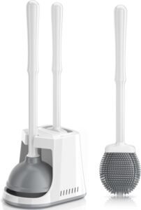 Unique Toilet Plunger and Brush, Silicone Brush and Heavy Duty Toilet Plunger Set with Ventilated Holder, 2-in-1 Toilet Brush and Plunger Combo for Bathroom Cleaning-New Pack (White)