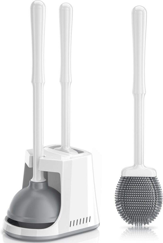Unique Toilet Plunger and Brush, Silicone Brush and Heavy Duty Toilet Plunger Set with Ventilated Holder, 2-in-1 Toilet Brush and Plunger Combo for Bathroom Cleaning-New Pack (White)